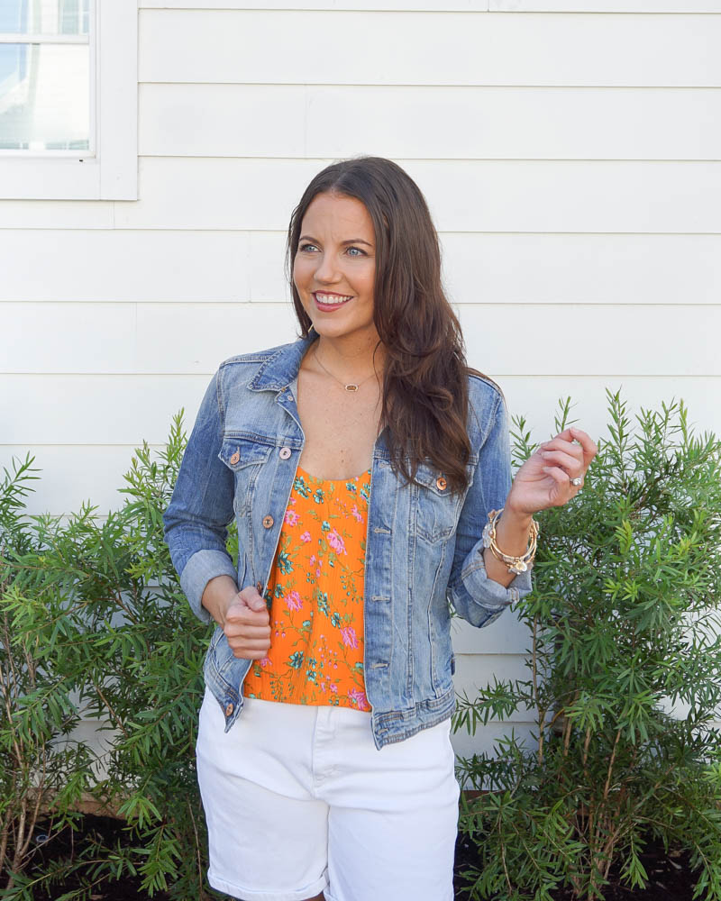 Summer outfits | white denim shorts not ripped | orange floral print top | Petite Fashion Blog Lady in Violet