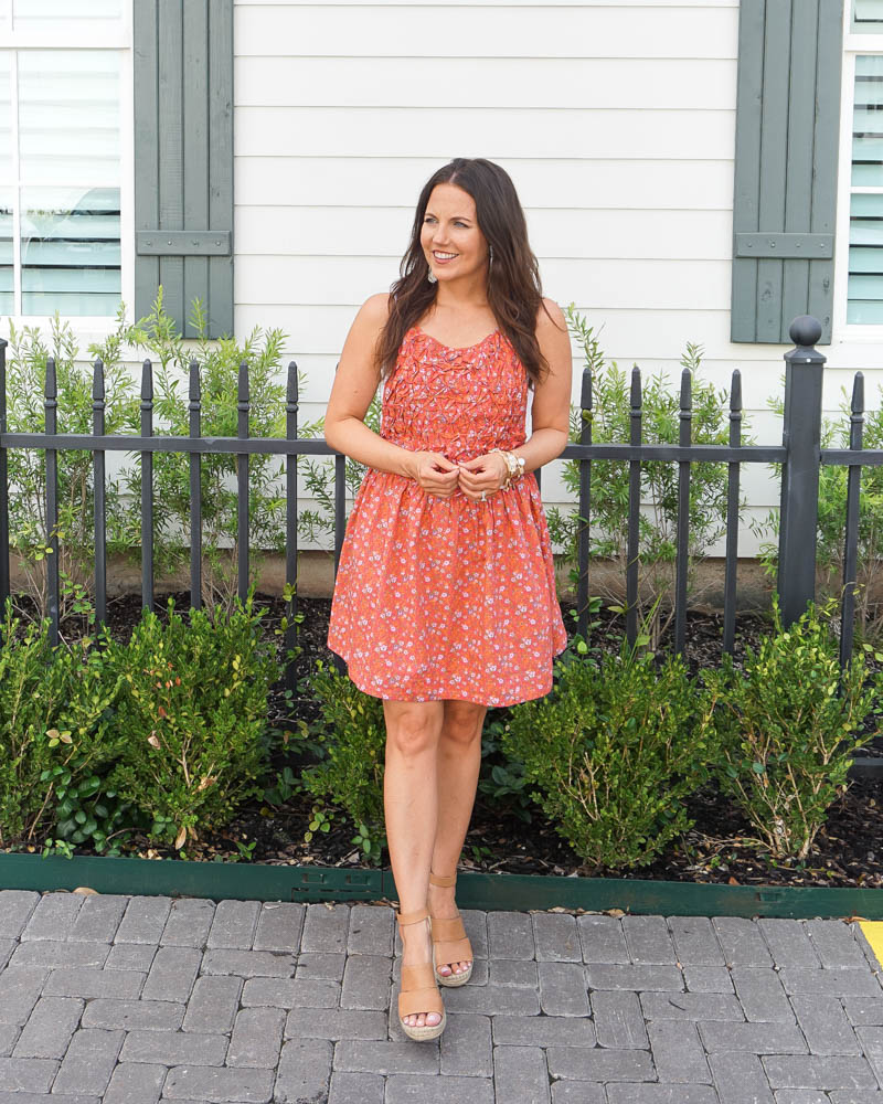 summer outfit | red mini dress | brown wedge sandals | Petite Fashion Blog Lady in Violet