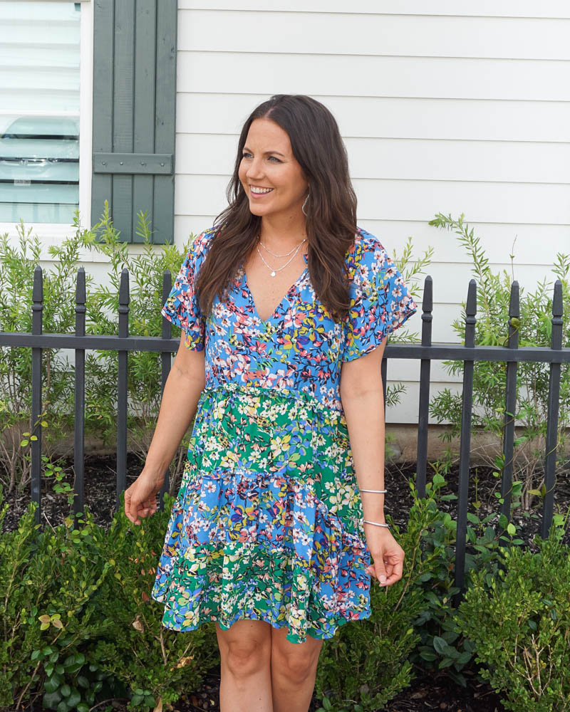 summer outfit | blue green floral print dress | silver layered necklace | Texas Fashion Blog Lady in Violet