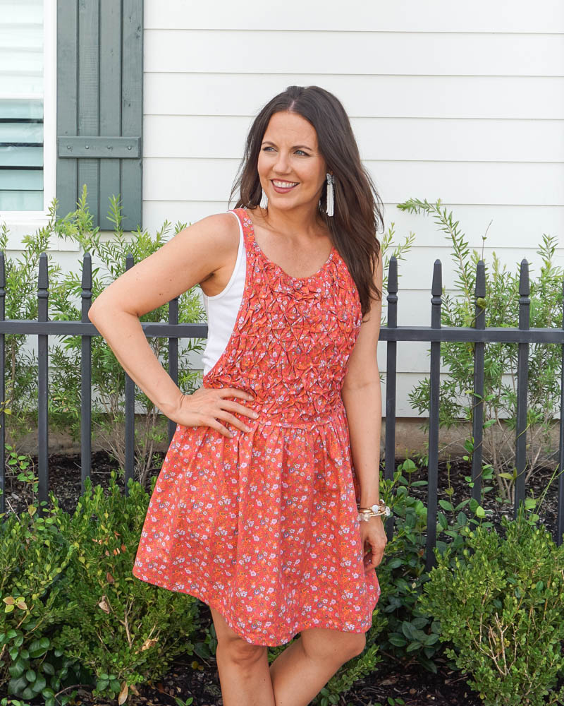 summer outfits | red floral apron dress | white butterfly earrings | Houston Fashion Blog Lady in Violet