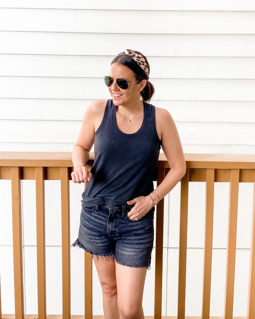 casual outfit | dark gray tank top | faded black denim shorts | Petite Fashion Blog Lady in Violet