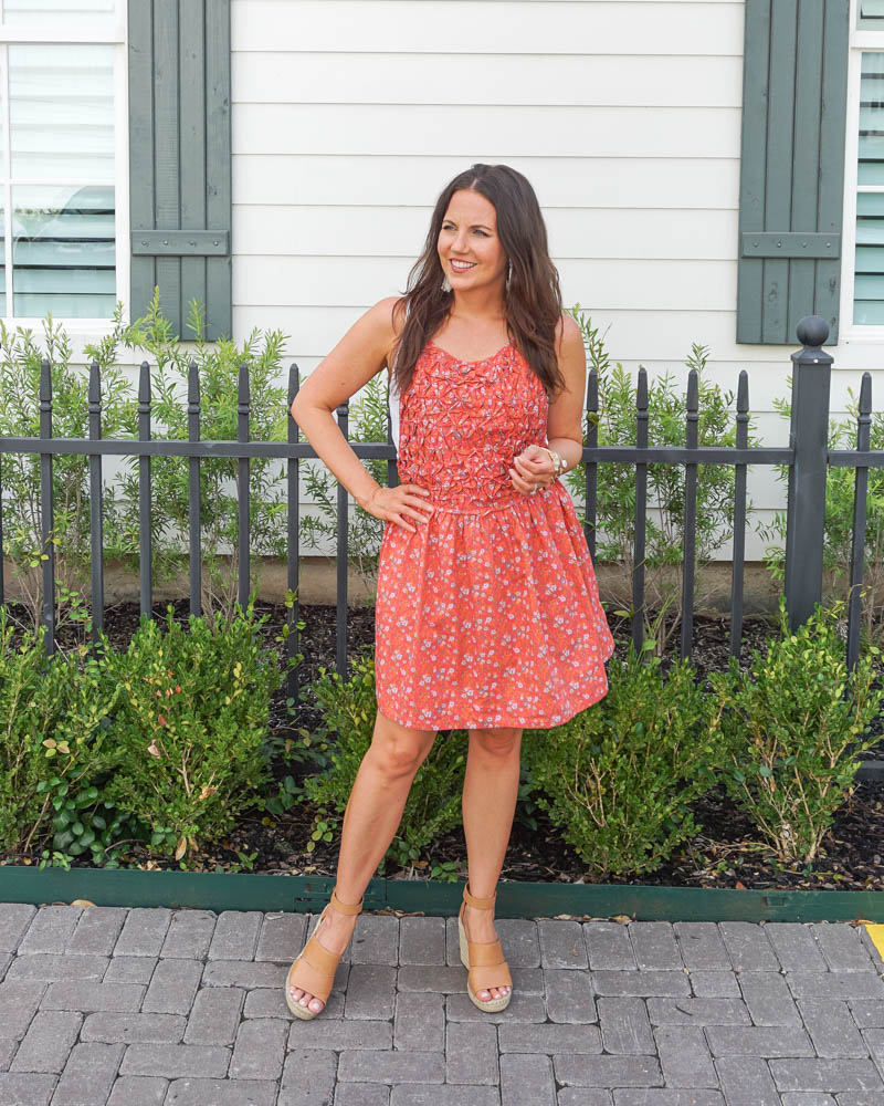 spring outfits | red apron dress | brown sandals | Petite Fashion Blogger Lady in Violet