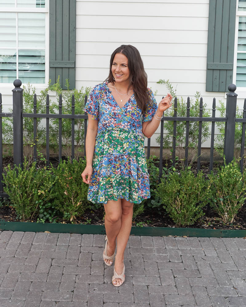summer workwear | short sleeve floral print dress | heeled sandals | Petite Fashion Blogger Lady in Violet