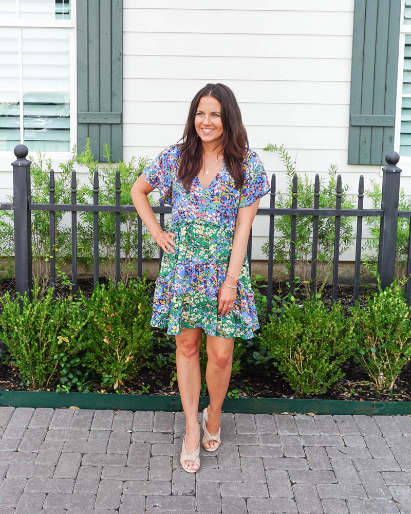 summer outfit | short sleeve blue green dress | light color slide sandals | Texas Fashion Blogger lady in Violet