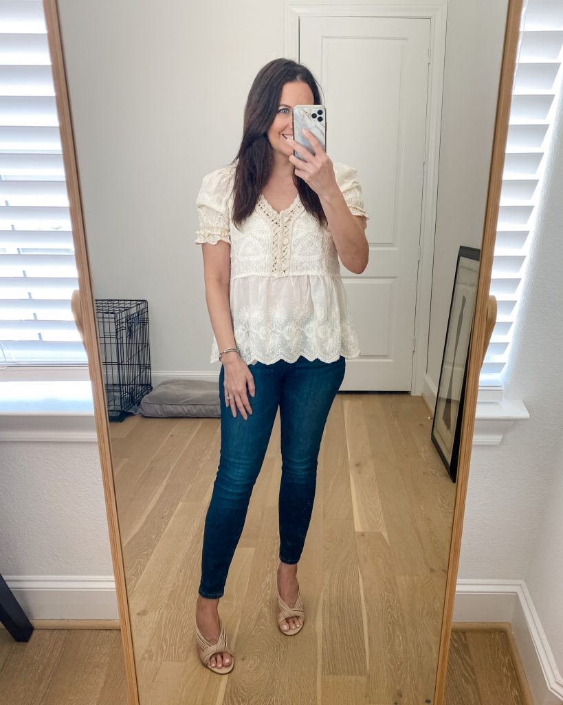 spring outfit | beige short sleeve crochet top | skinny jeans | Southern Fashion Blog Lady in Violet