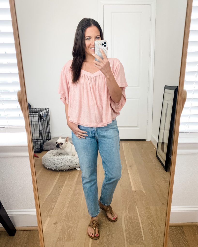 casual outfit | pink crop top | straight leg jeans | American Fashion Blogger Lady in Violet