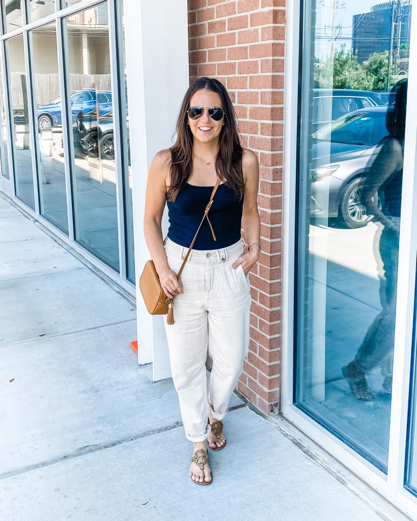 casual summer outfit | light colored utility trousers | black tank top | Petite Fashion Blogger Lady in Violet