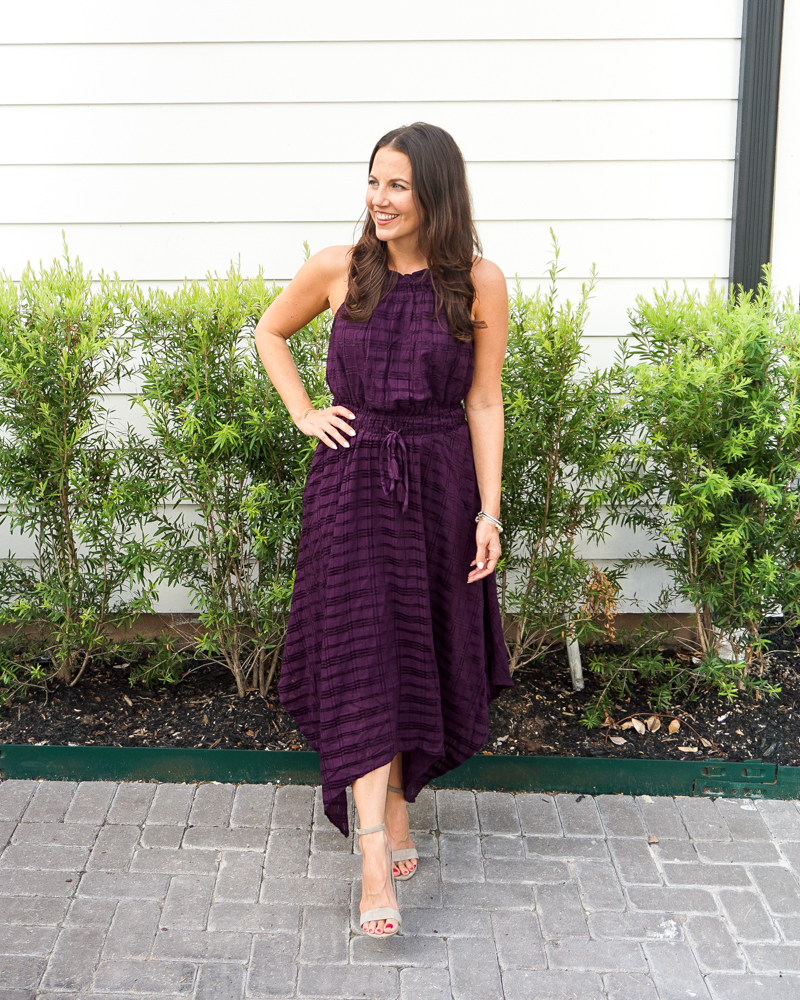 fall wedding outfit | purple midi dress | block heel sandals | Petite Fashion Blog Lady in Violet