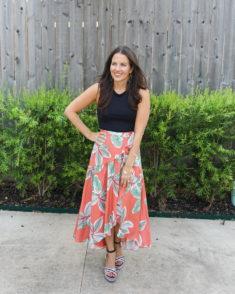 summer outfit | black bodysuit | palm wrap skirt | Houston Fashion Blog Lady in Violet