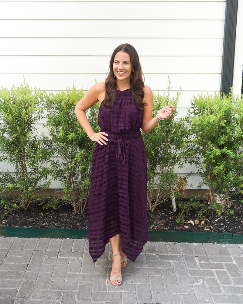 fall wedding guest outfit | long dark purple midi dress | block heels | Petite Fashion Blog Lady in Violet