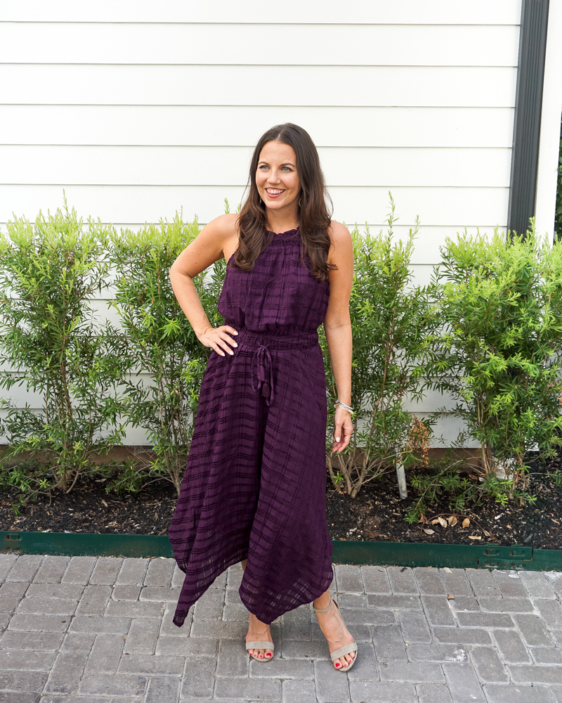 summer outfit | dark purple halter dress | tan sandals | Texas Fashion Blogger Lady in Violet