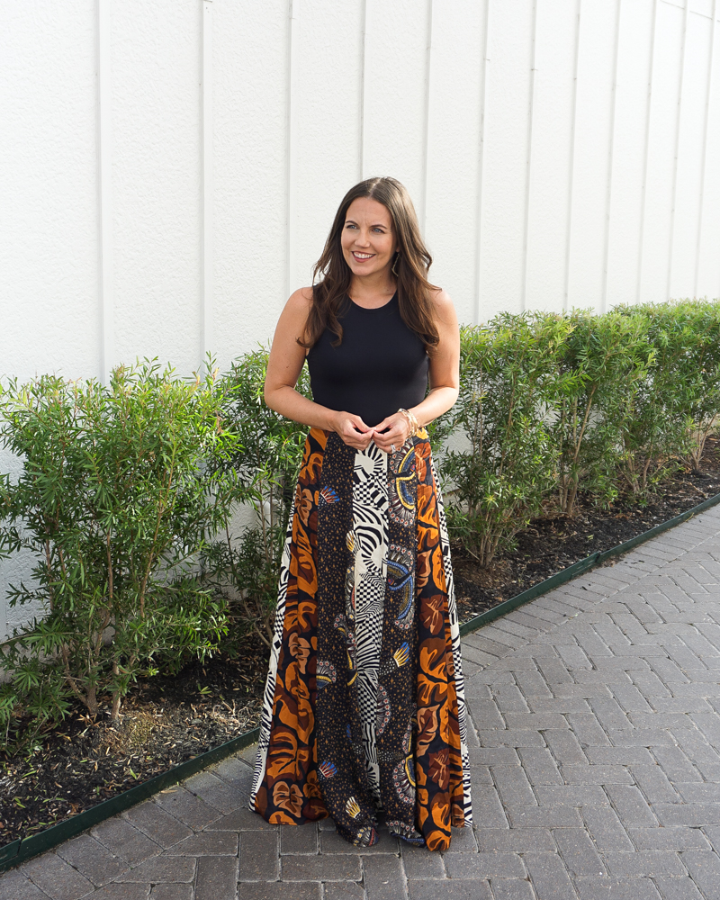 fall outfit | black sleeveless bodysuit | long dark print maxi skirt | Texas Fashion Blog Lady in Violet