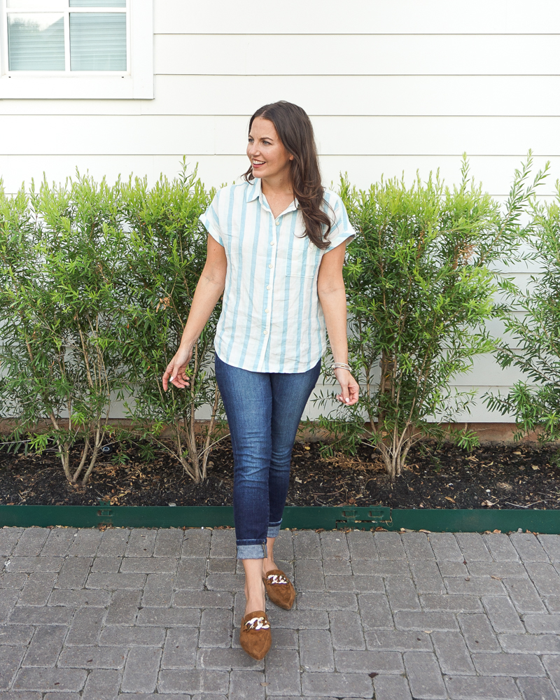 fall outfit | blue white striped shirt | brown mule slides | Houston Fashion Blog Lady in Violet