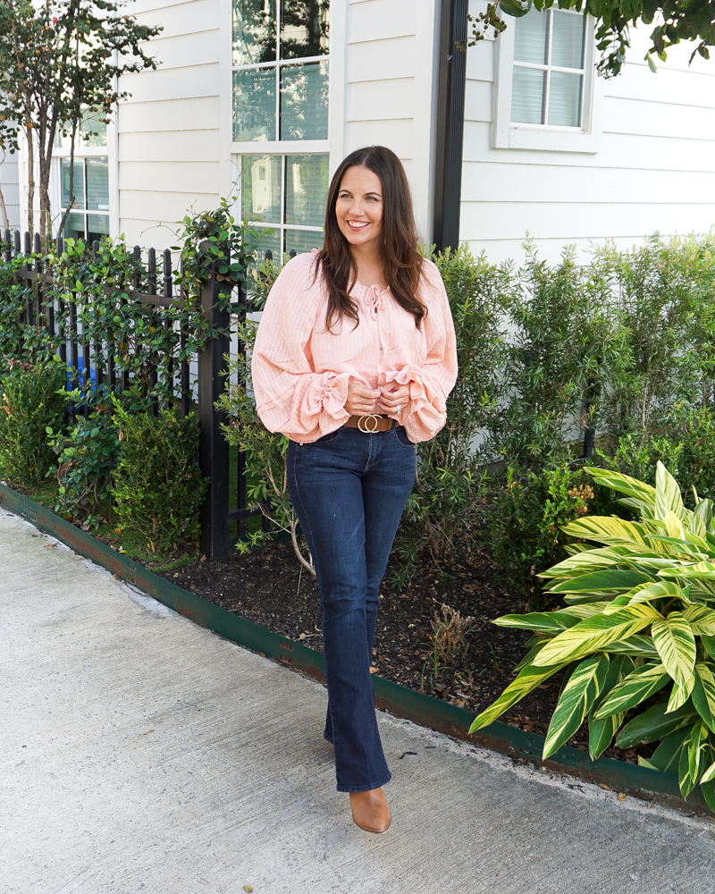 fall outfit | long sleeve pink top | dark blue flared jeans | Petite Fashion Blog Lady in Violet