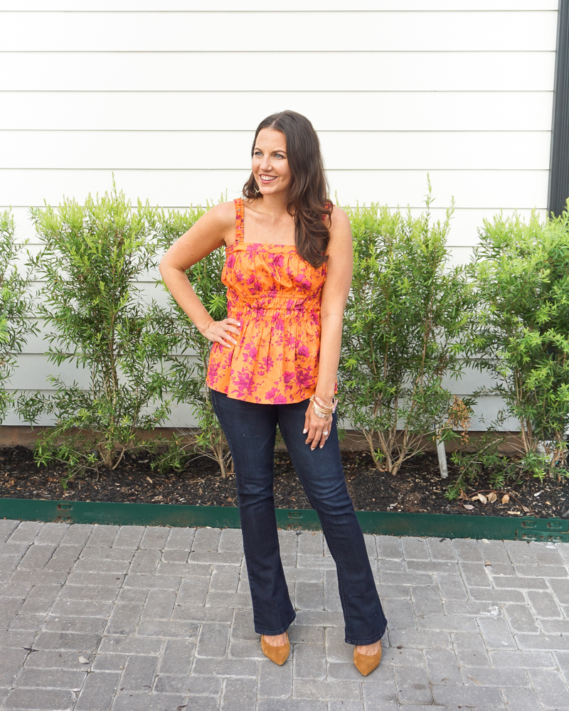 fall outfits | orange tank top | dark blue flared jeans | Texas Fashion Blog Lady in Violet