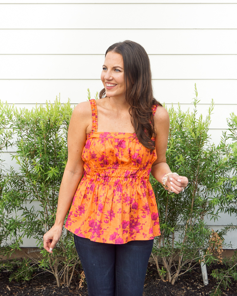 fall outfit | orange pink floral tank top | stone bangles | Houston Fashion Blog Lady in Violet