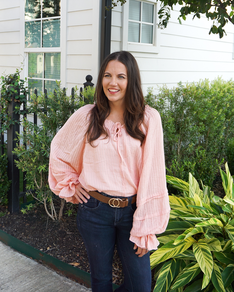 fall outfits | balloon sleeve pink top | medium brown belt | Houston Fashion Blog Lady in Violet