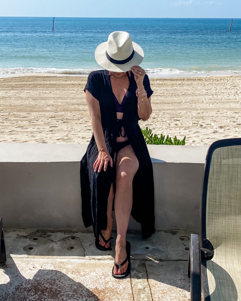 what to pack for mexico vacation | burgundy swimsuit | black bathing suit cover up | Petite Fashion Blog Lady in Violet