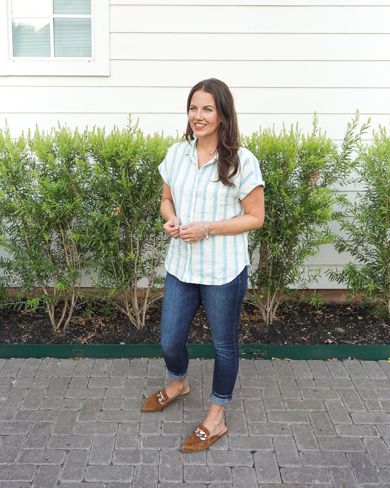 fall outfit ideas | striped button down top | brown suede flats | Petite Fashion Blogger Lady in Violet