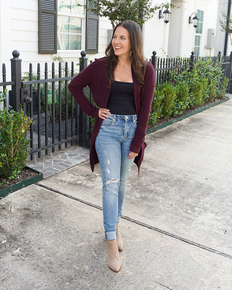 fall outfit | burgundy long cardigan | black body suit | Texas Fashion Blogger Lady in Violet