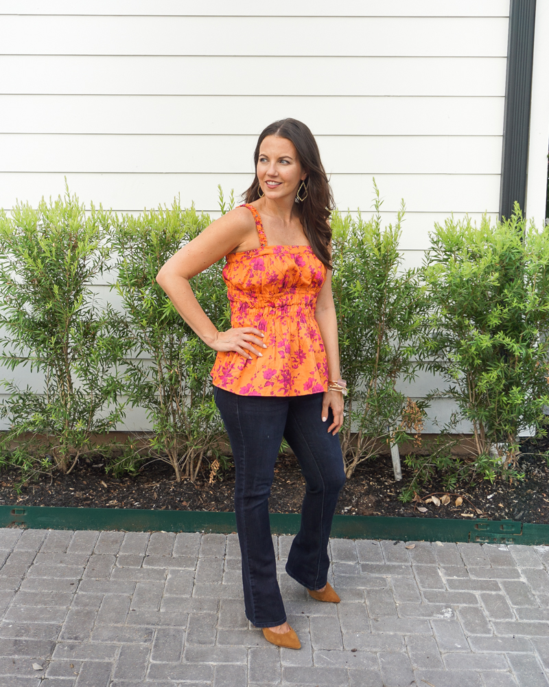 fall outfit ideas | orange floral print tank top | dark wash bootcut jeans | Petite Fashion Blogger Lady in Violet