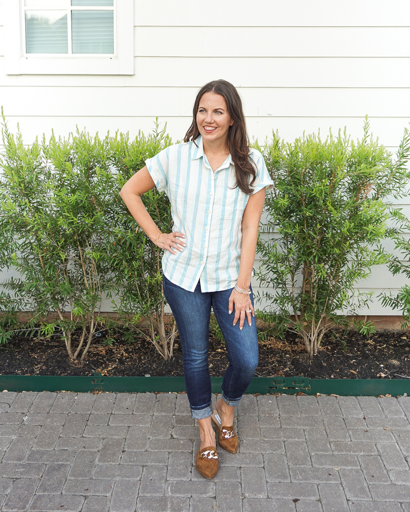 fall outfit inspiration | blue striped button up top | brown gold buckle mule flats | Texas Fashion Blogger Lady in Violet