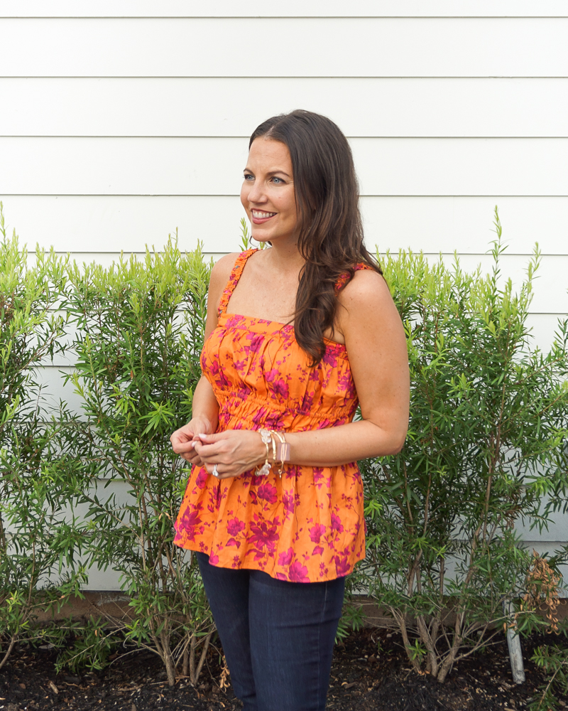 fall outfit | orange tank top | stone gold bracelets | Texas Fashion Blogger Lady in Violet