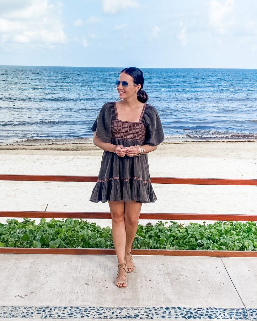 what to wear on beach vacation | brown mini dress | caged sandals | Southern Fashion Blogger Lady in Violet