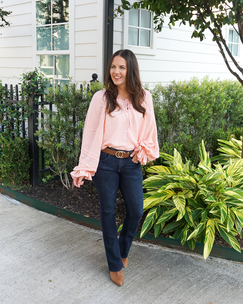 fall outfit idea | balloon sleeve baby pink top | petite flared jeans | Southern Fashion Blogger Lady in Violet