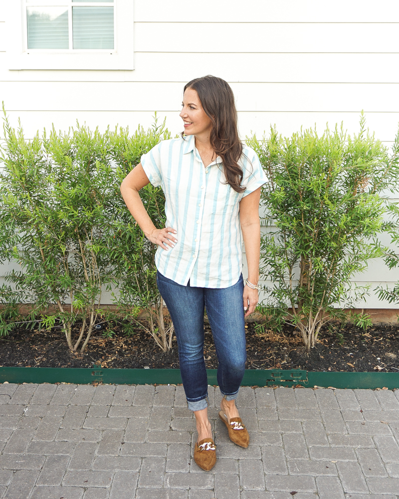 fall outfit idea | blue short sleeve blouse | brown suede flats with gold buckle | American Fashion Blog Lady in Violet