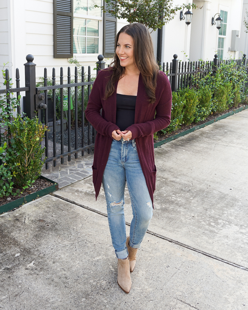 fall outfit | maroon long cardigan layered over black bodysuit | Popular US Fashion Blogger Lady in Violet