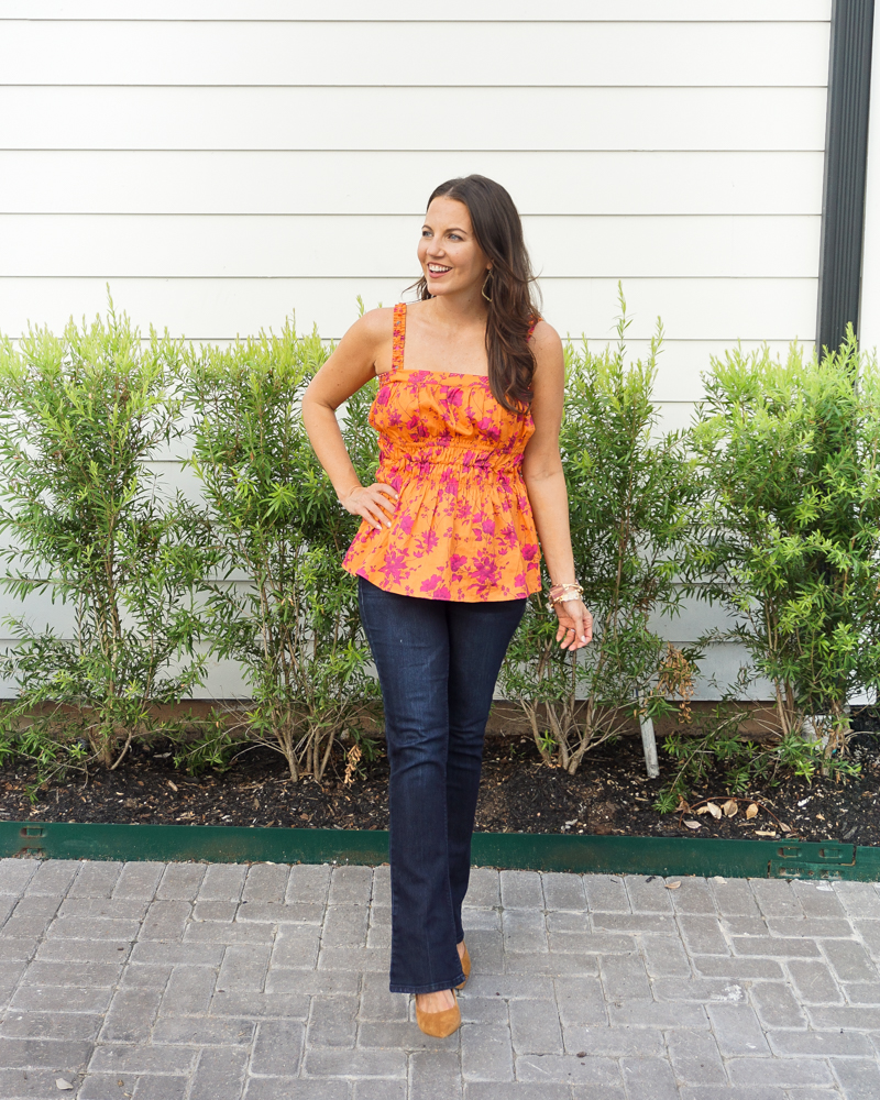 fall outfit | pink orange babydoll tank top | dark blue flared jeans | American Fashion Blog Lady in Violet