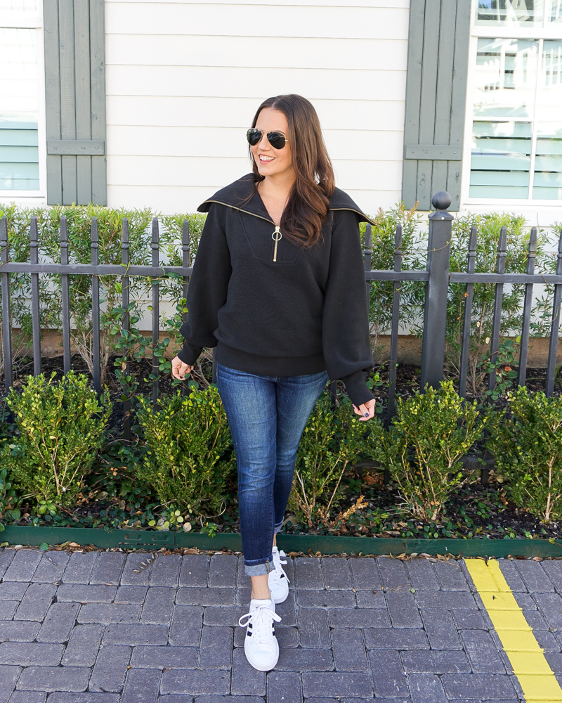fall outfit | black half zip pullover sweater | white sneakers | Texas Fashion Blog Lady in Violet