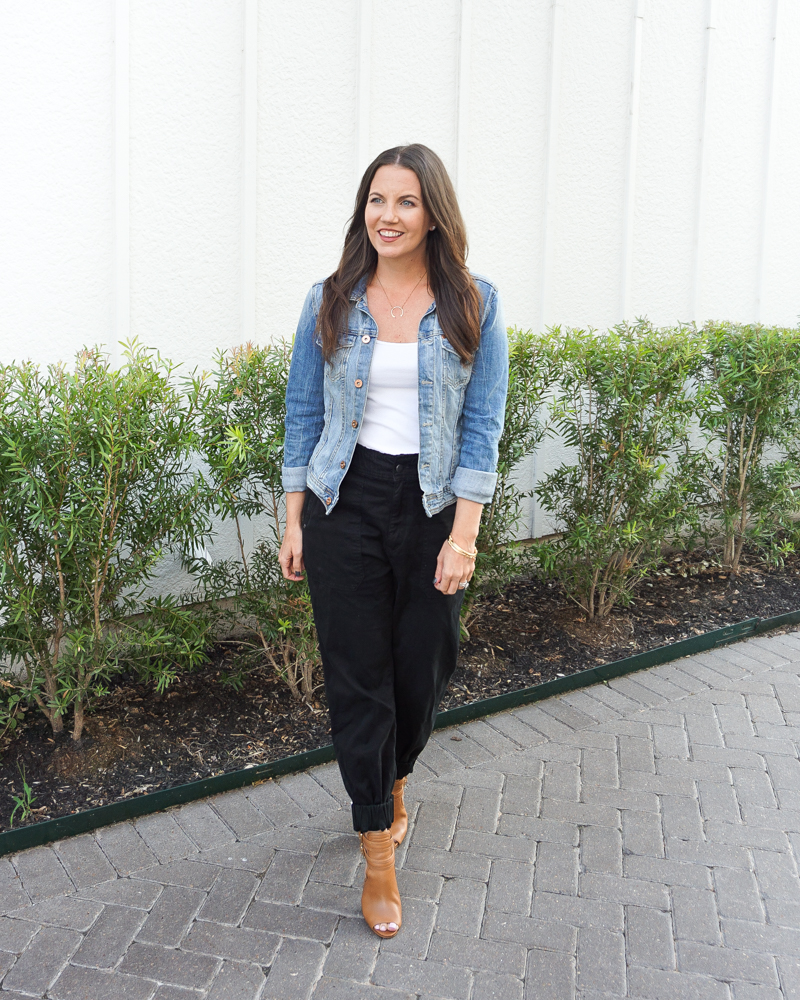 black joggers with denim jacket