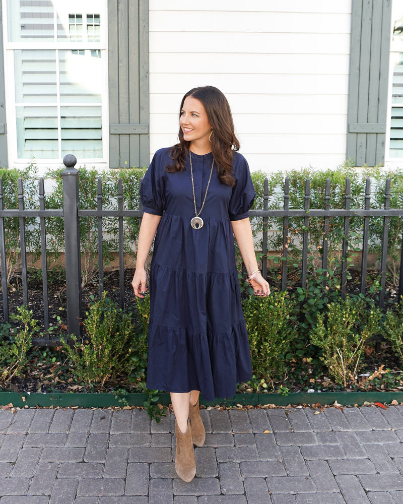 fall outfit | navy blue midi dress | brown booties | Petite Fashion Blog Lady in Violet