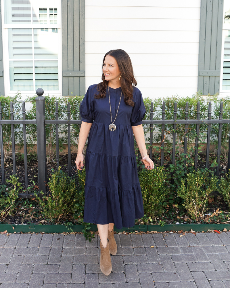 Navy blue dress store with boots