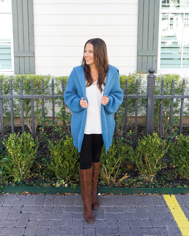 fall outfit | oversized blue cardigan | brown riding boots | Houston Fashion Blog Lady in Violet