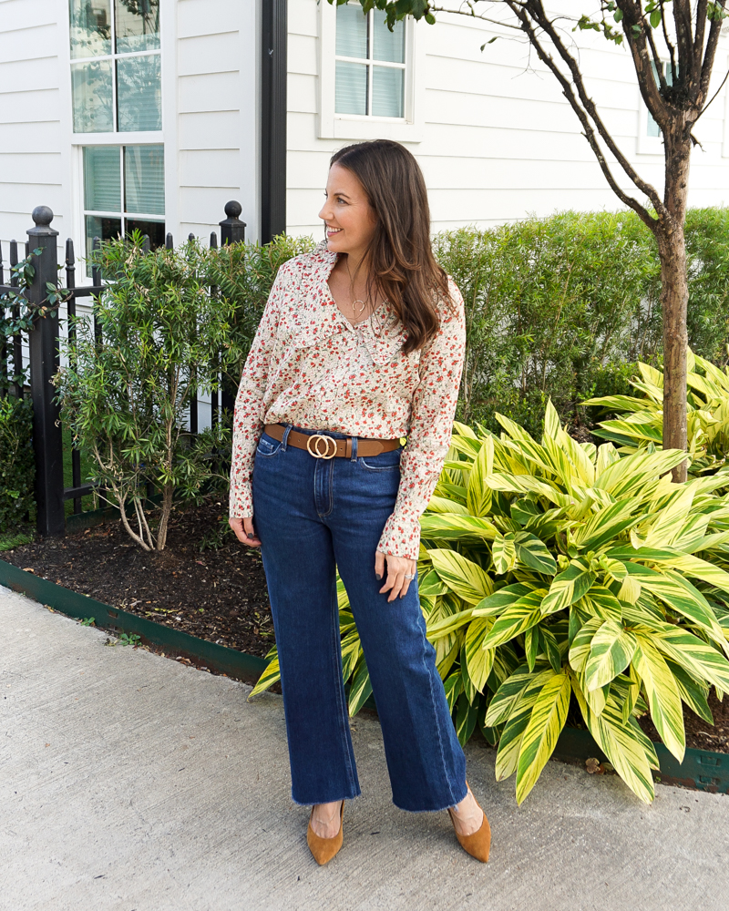 fall outfits | floral print wide collar blouse | trouser style jeans | Houston Fashion Blog Lady in Violet