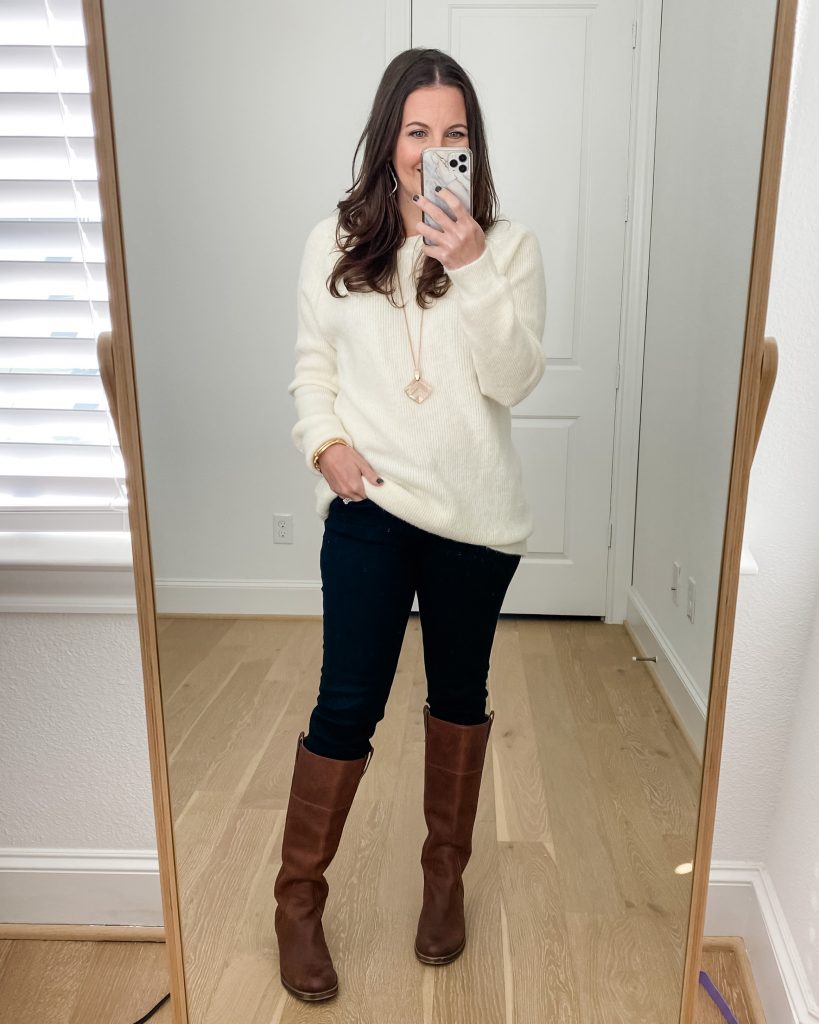 winter outfit | ivory sweater | brown riding boots | Petite Fashion Blog Lady in Violet