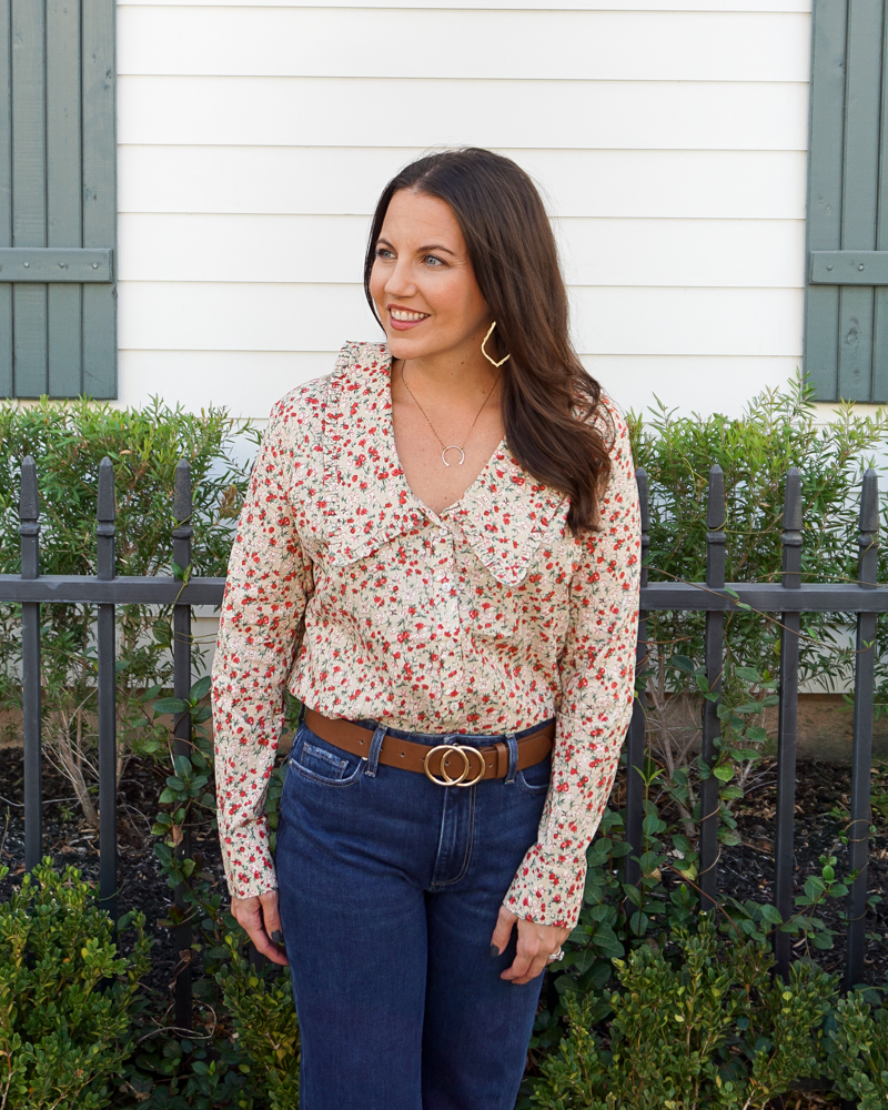 fall outfit | mini floral print button up top | brown belt | Petite Fashion Blog Lady in Violet