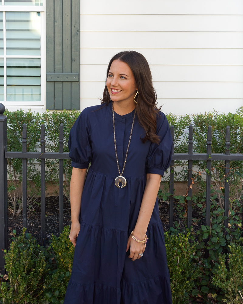 fall outfits |short sleeve dark blue dress | stone pendant necklace | Texas Fashion Blog Lady in Violet