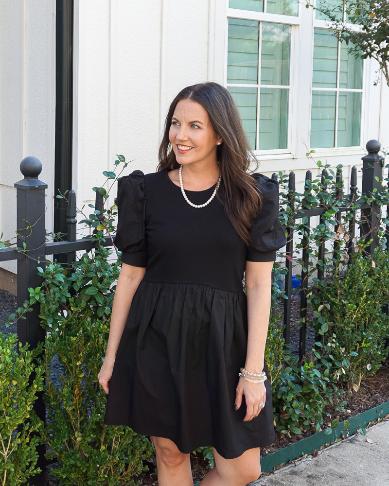 wedding guest outfit | english factory Mixed Media Puff Sleeve Dress | pearl necklace | Texas Fashion Blog Lady in Violet