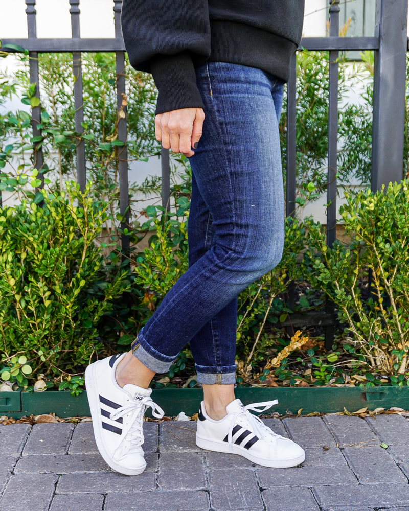 fall fashion | adidas grand court sneaker | dark blue skinny jeans | Houston Fashion Blog Lady in Violet