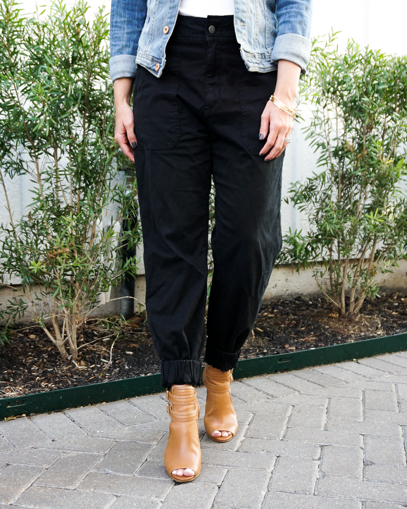 fall fashion | black jogger pants | brown peep toe booties | Houston Fashion Blogger Lady in Violet