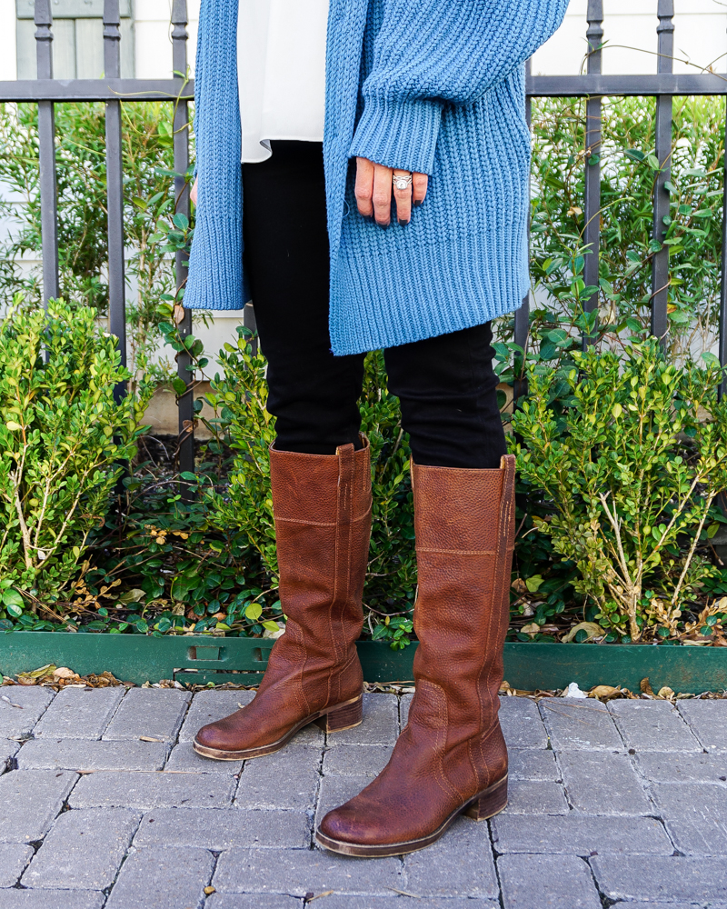 fall fashion | brown riding boots | long blue cardigan | Petite Fashion Blog Lady in Violet