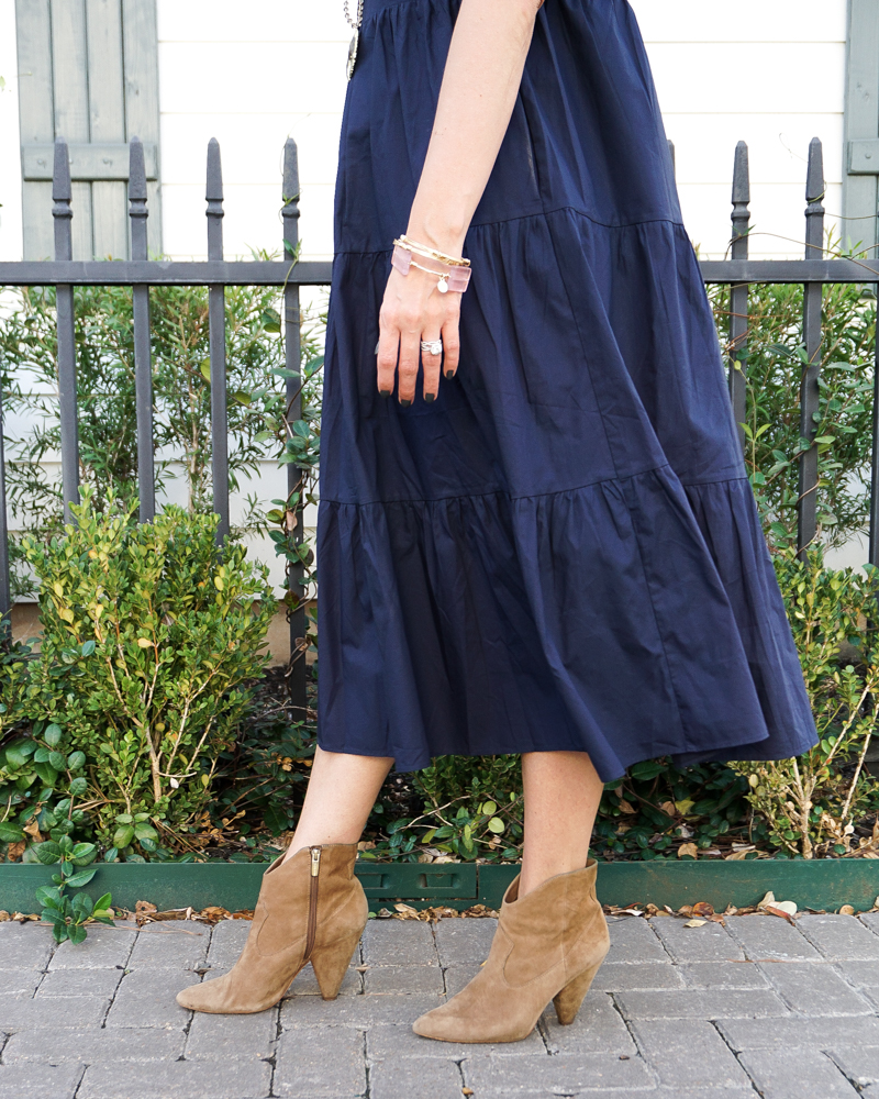 fall fashion | navy blue tiered dress | brown western booties | Houston Fashion Blog Lady in Violet