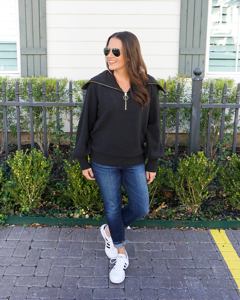 fall casual outfit | black half zip pullover sweater | medium blue jeans | Houston Fashion Blogger Lady in Violet