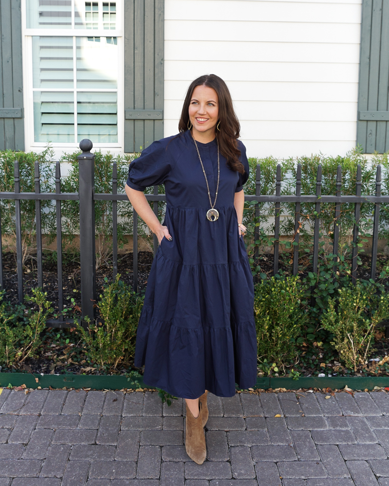 fall workwear | dark blue tiered midi dress | brown suede booties | Petite Fashion Blogger Lady in Violet