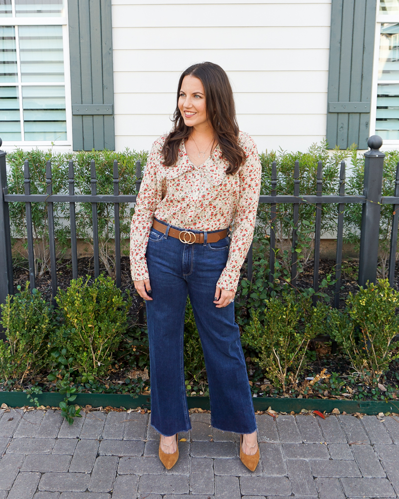 fall workwear | red floral print button down blouse | straight leg ankle jeans | Houston Fashion Blogger Lady in Violet