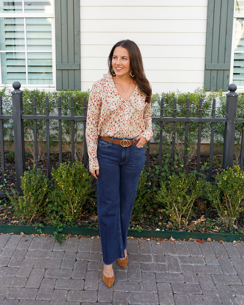 fall outfit | oversized collar blouse | straight leg jeans | Petite Fashion Blogger Lady in Violet